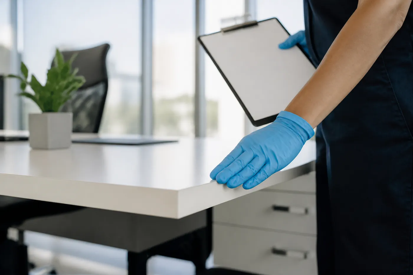 A cleaner checking the finish on an office workstation