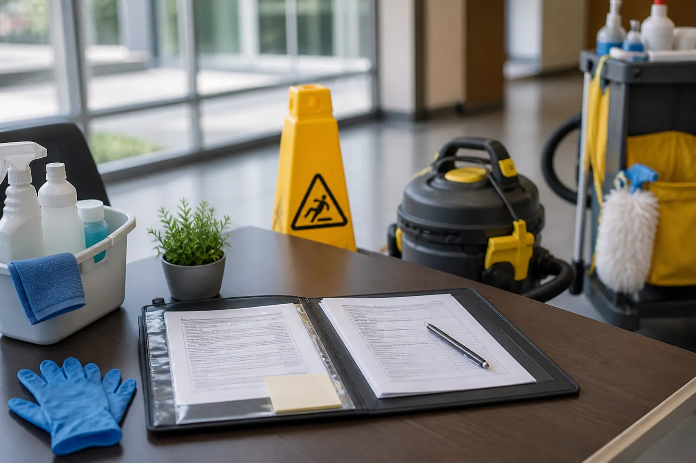 Commercial cleaning safety documents and equipment ready for review