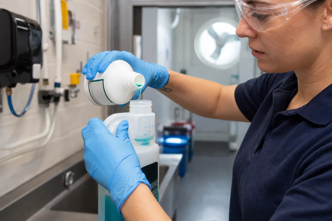 A trained cleaner using a controlled product-dosing system
