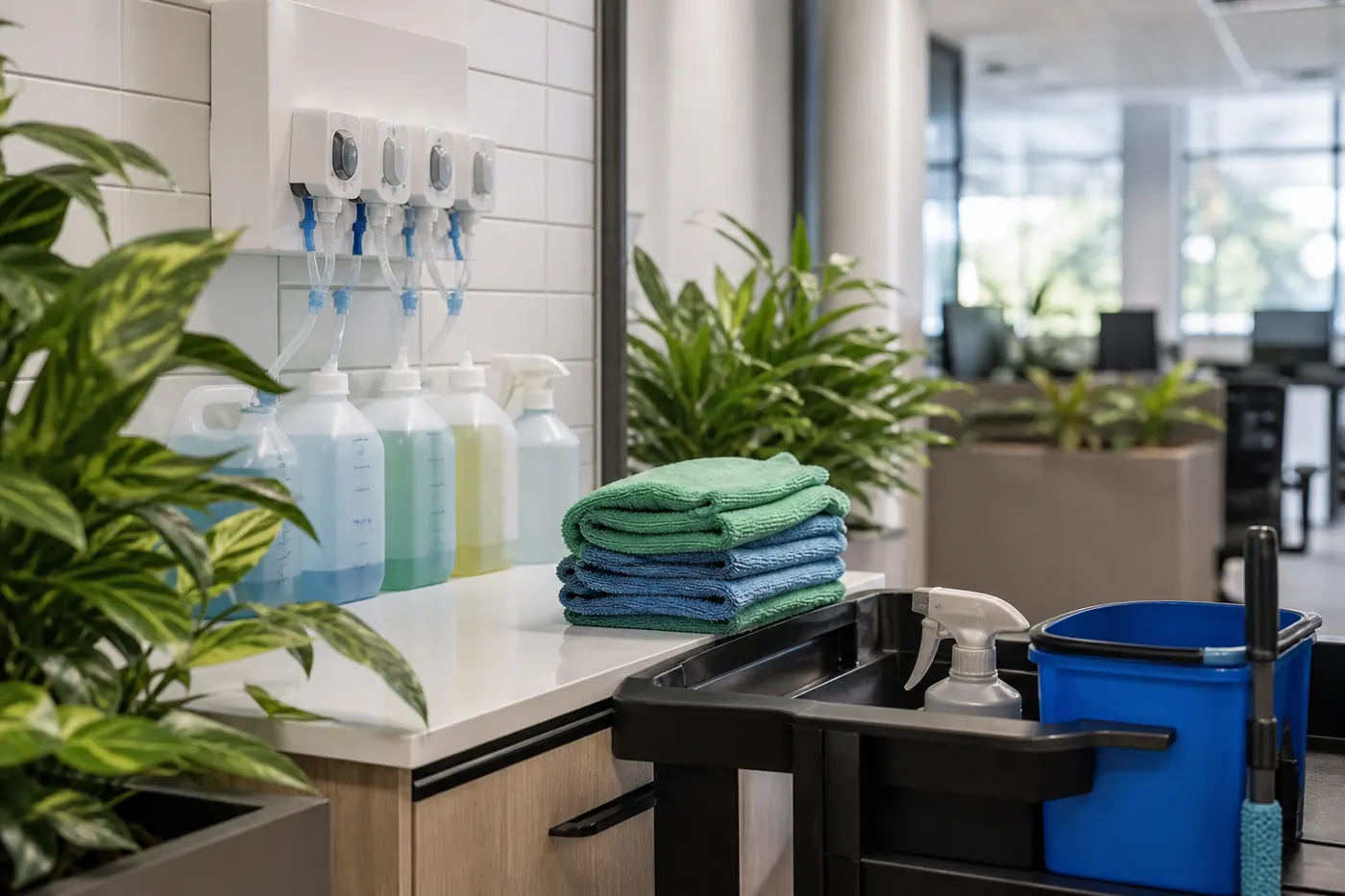Refillable cleaning products and reusable cloths in an office service area