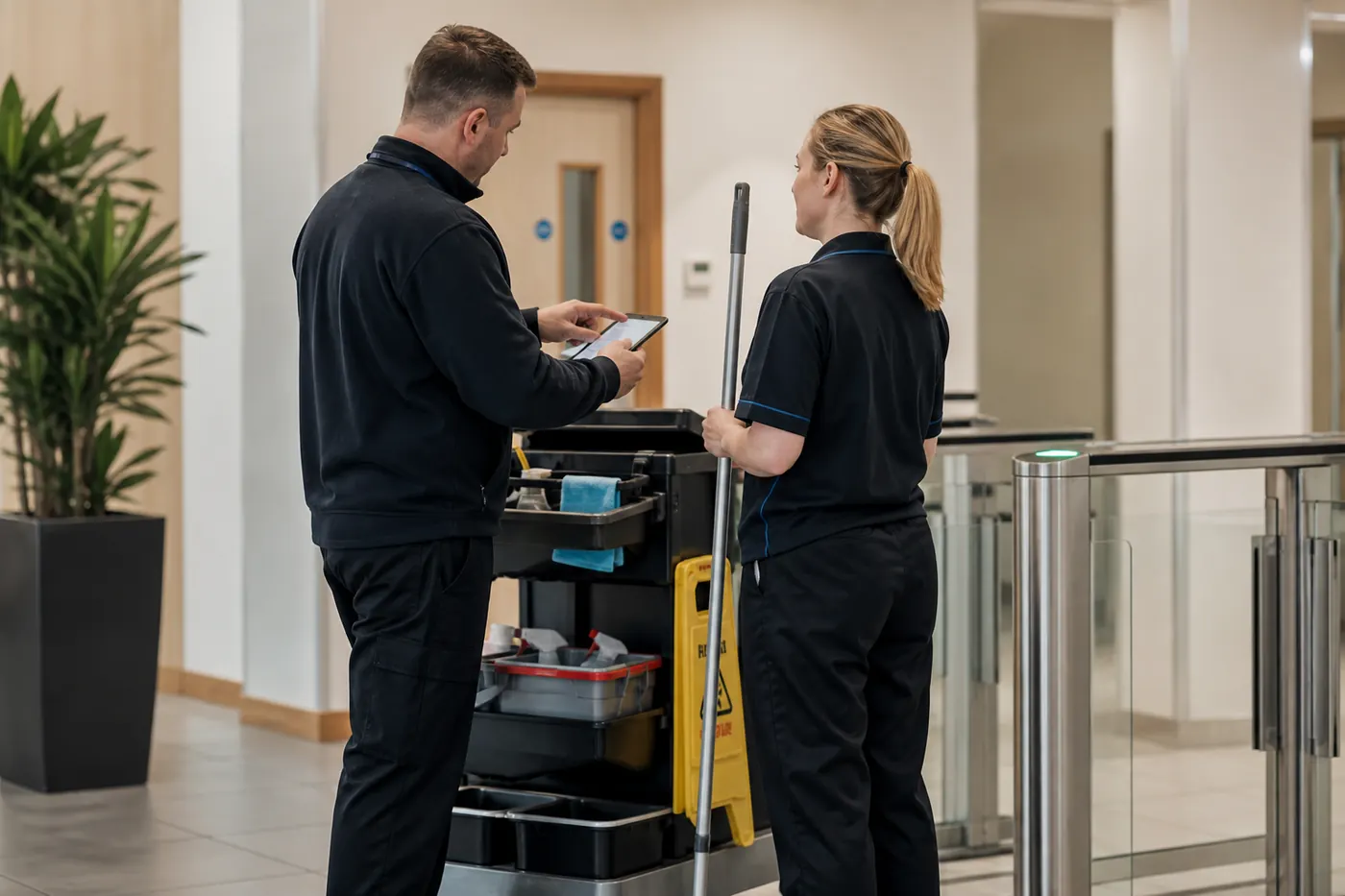 A supervisor briefing a relief cleaner before starting work