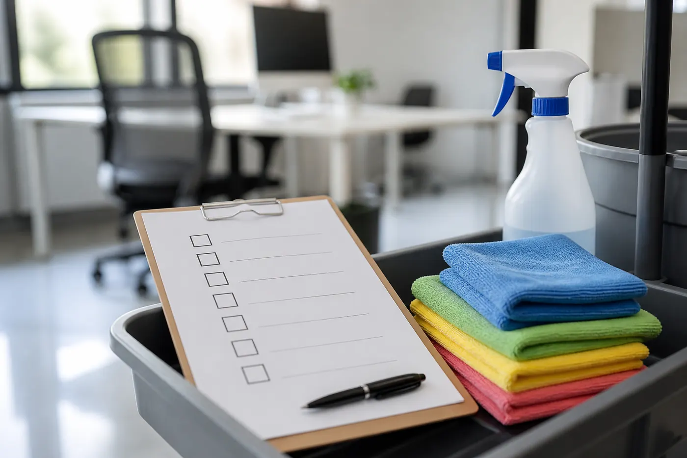 A commercial cleaning trolley with a practical task checklist