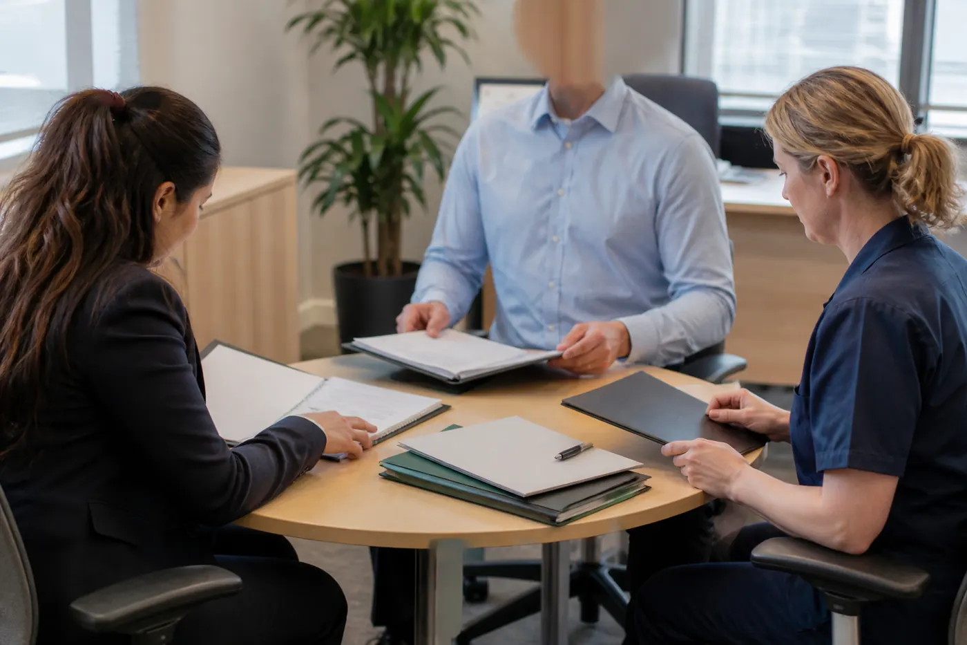 A cleaning contract handover meeting in a modern office