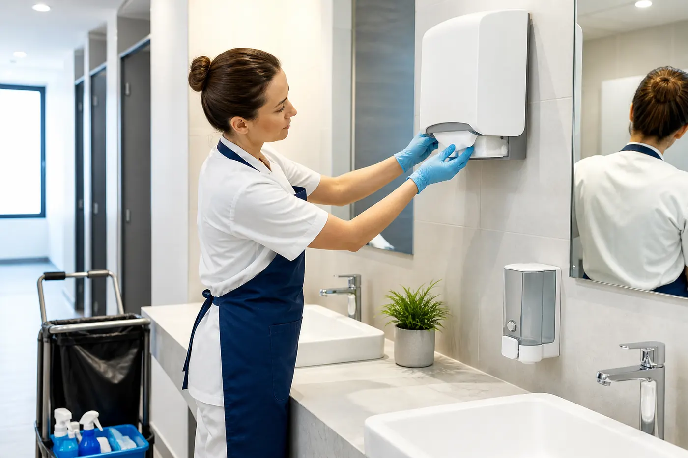 A cleaner replenishing supplies in a modern office washroom