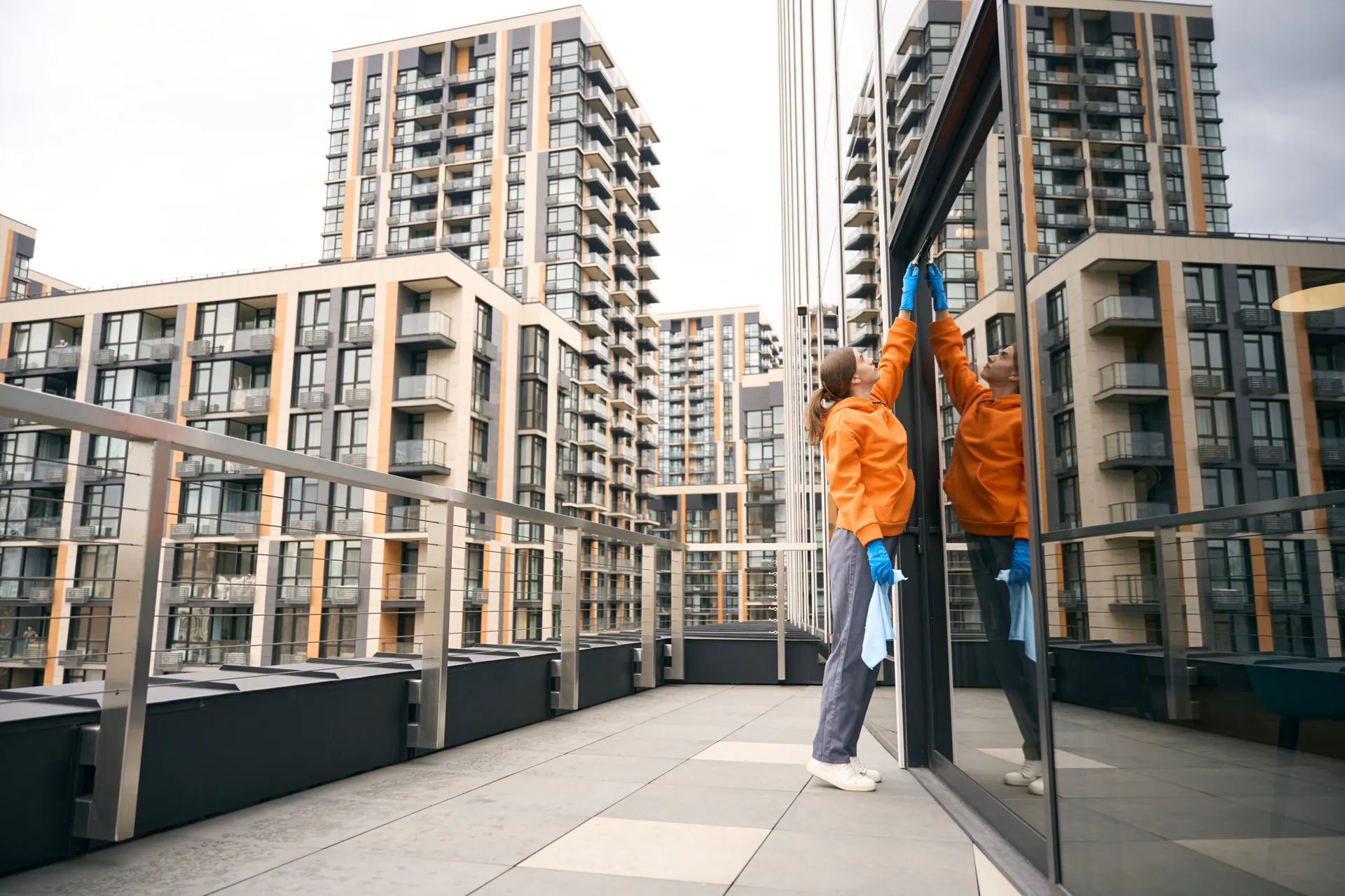 Commercial window cleaning in a modern workplace